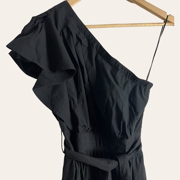 Madewell Brooke Black Ruffled One-Shoulder Tie Waist Poplin Midi Dress Size 00 - Picture 6 of 16